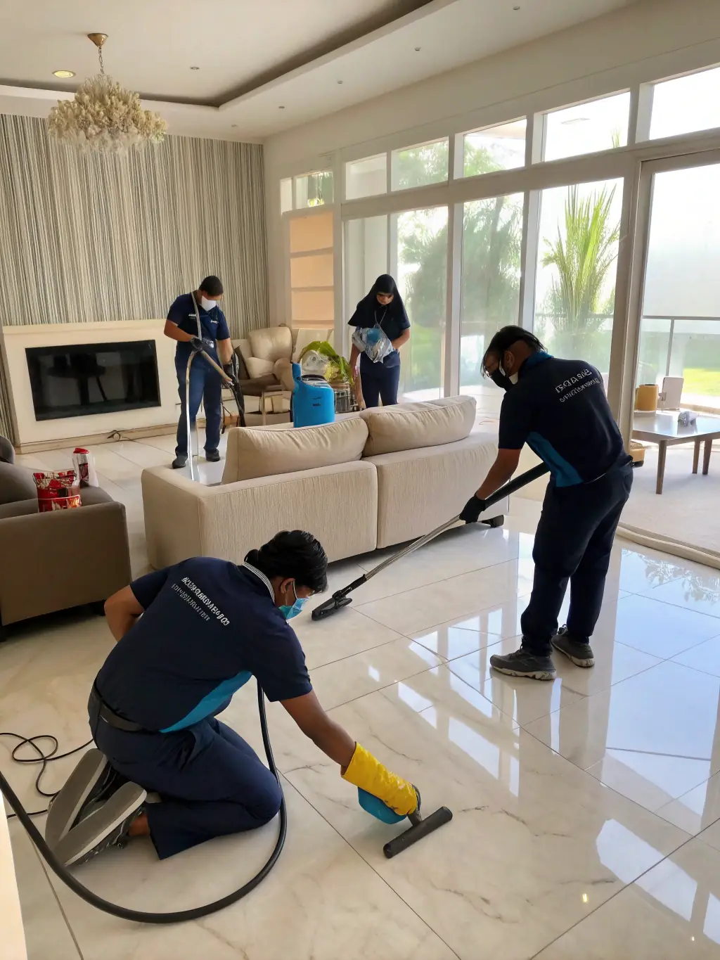 A team carefully clearing clutter from a residential space with protective gear, providing hoarding cleanup services with compassion and discretion.